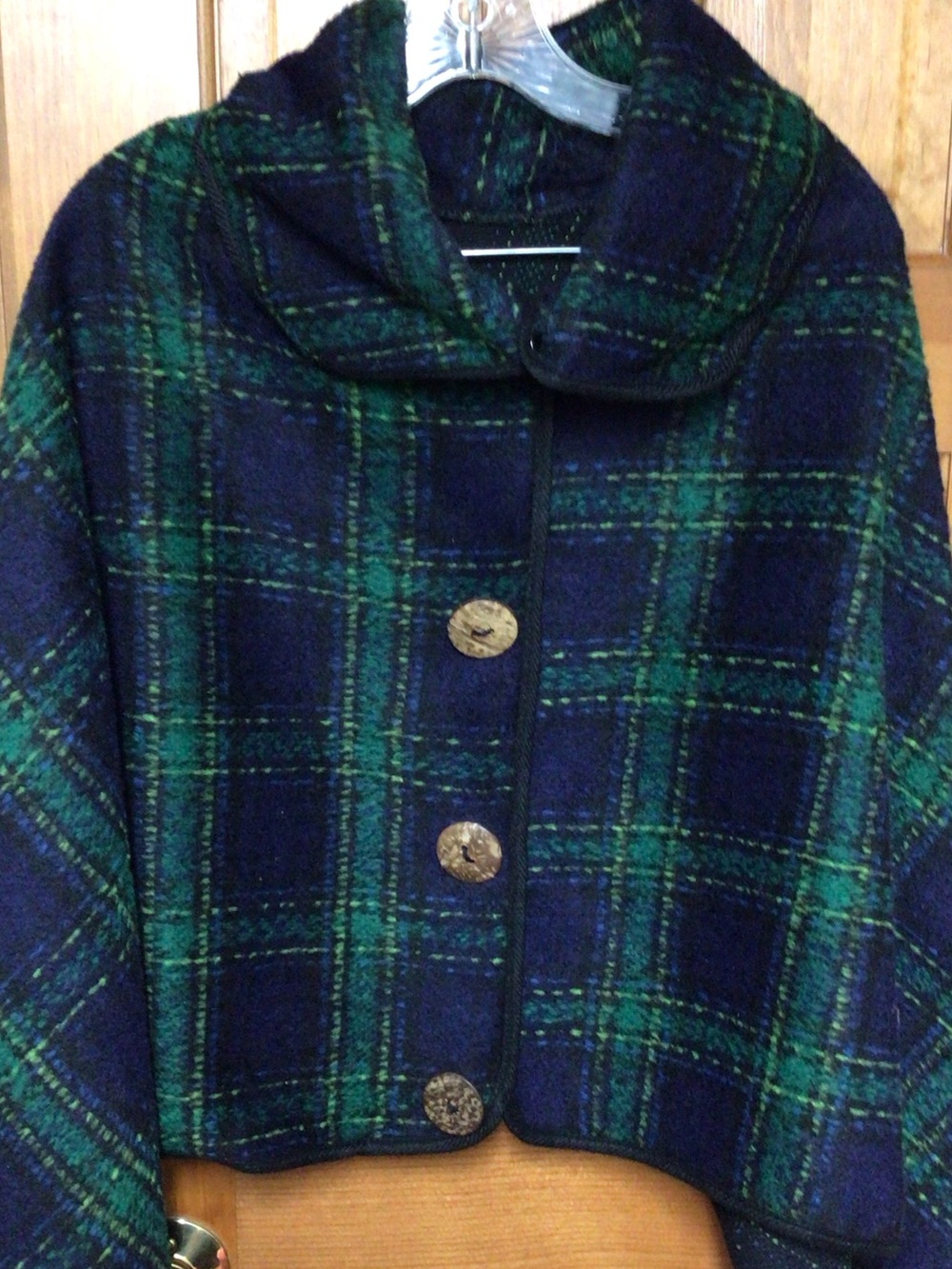 Women’s Navy and Green Plaid Wool poncho- Classic Button Front